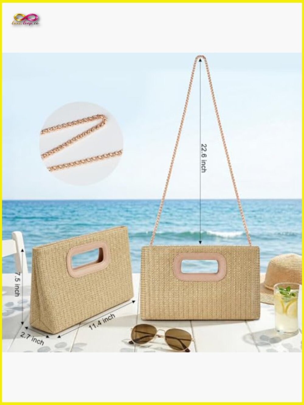 Woven Straw Clutch Purse with Gold Chain Evening Shoulder Crossbody Bag - Picture 5 of 6